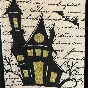 Set of 2 Halloween Haunted House Kitchen Towels Old World Script Pompom Fringe